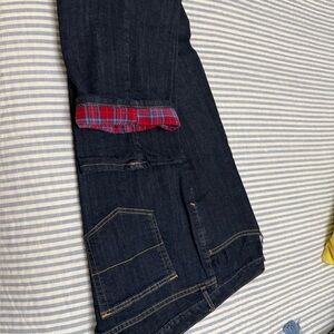 Eddie Bauer Dark Blue Jeans with Red Plaid Cuff